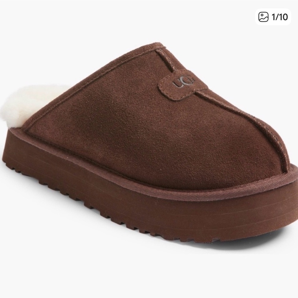 UGG Chestnut Suede Platform Clog with Shearling Trim